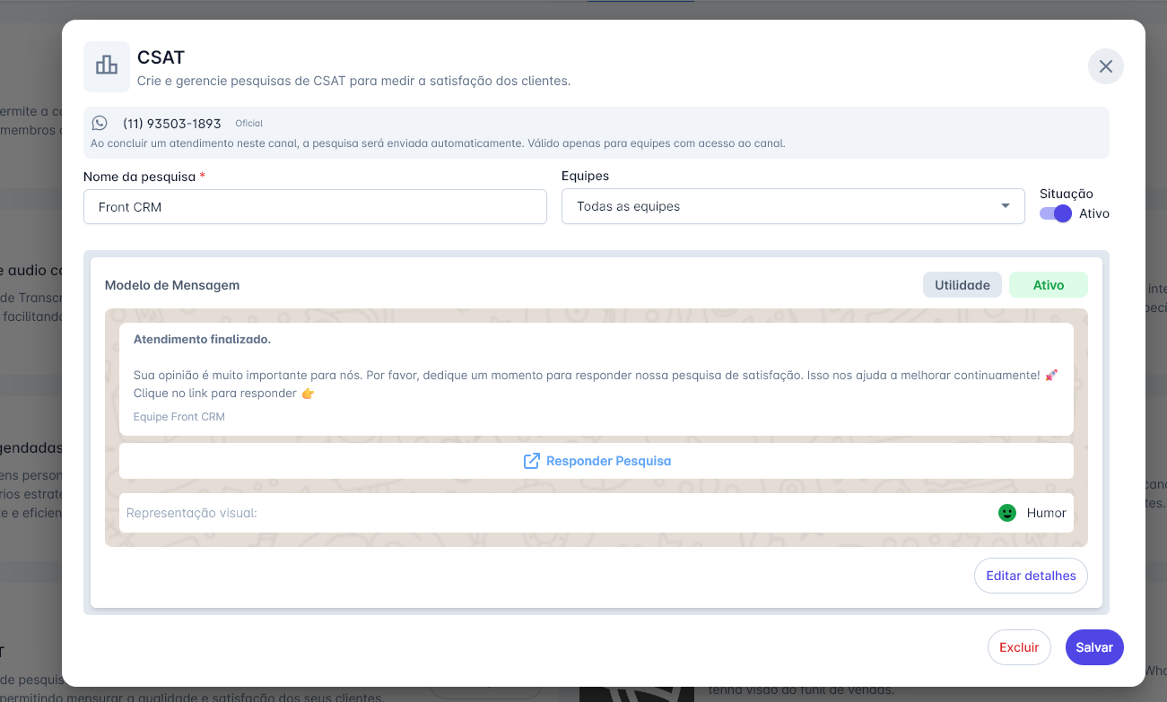 Configuração visual da pesquisa CSAT
